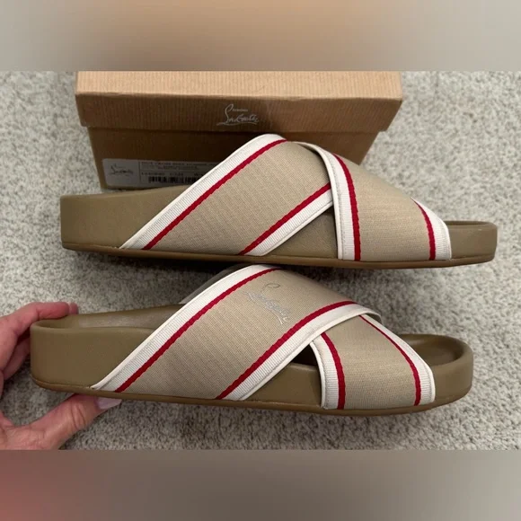 Christian Louboutin HOT CROSS BIZZ DONNA SLIDE SANDALS Ribbon/Napa 38.5 Zibeline - Picture 10 of 13